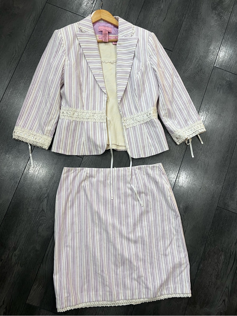 Bandolino Vintage Pink Striped Skirt Suit Set 3 Piece Lace Trim 10/12